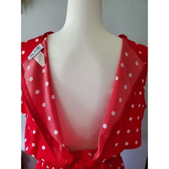 Vtg Blair Sz L Rockabilly Midi Dress Sleeveless Red White Polka Dot Long Belted - Picture 6 of 11